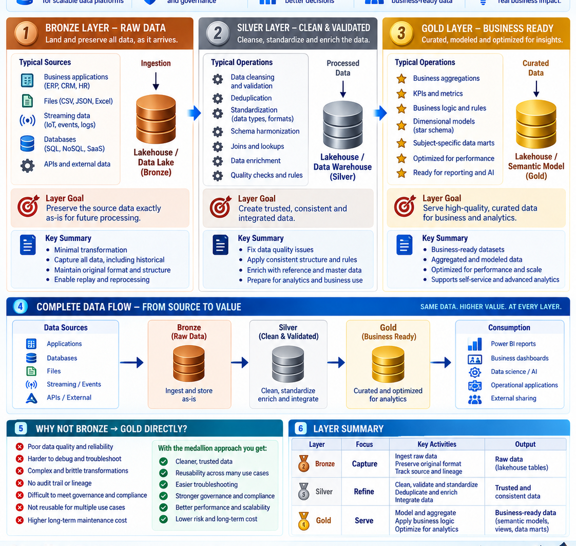 Medallion layer responsibilities, operations and the flow from raw source data to analytics consumption.